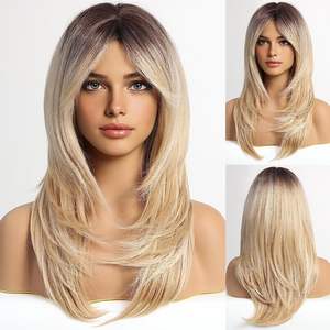 FUJIA-Perruques blondes ombrées avec <span class=keywords><strong>frange</strong></span>, perruque blonde cendré longueur épaules pour femmes, perruques superposées, perruques synthétiques racines foncées pour le quotidien - Product Image 2