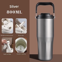 Bouteille d'eau personnalisée en acier inoxydable 316 de 800 ml, tasse isotherme à double paroi avec revêtement céramique, poignée de transport portable, double ouverture pour boire