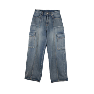 Pantalones vaqueros de cintura baja personalizados <span class=keywords><strong>para</strong></span> <span class=keywords><strong>mujer</strong></span>, talla XXL, pantalones vaqueros de pierna ancha lavados grises con costuras delanteras <span class=keywords><strong>para</strong></span> novio, <span class=keywords><strong>ropa</strong></span> de <span class=keywords><strong>mujer</strong></span> de talla grande, pantalones vaqueros Cargo - Product Image 1