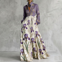 Robes longues décontractées en polyester, coupe trapèze, taille haute, boutonnées, à imprimé floral contrastant, avec poches, froncées, à col montant et à empiècements