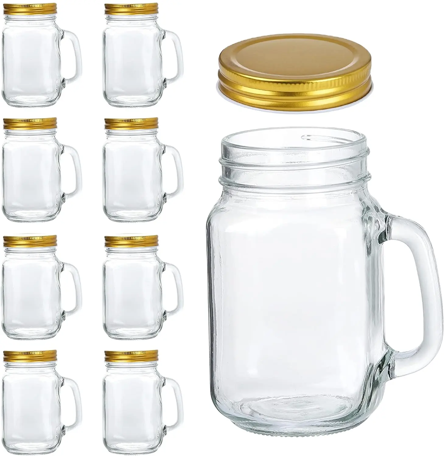 Taza de tarros Mason de 16oz con asas, tarros de vidrio para beber de moda antigua de 480ML con tapas doradas para fiesta