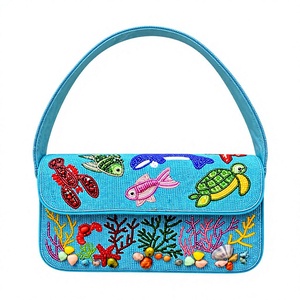 Handcrafted Beaded Ocean Life <b>Large</b> Capacity Eco-Friendly Shoulder <b>Bag</b> Sea Turtle Dolphin Fish Coral Shell Motif Beach Handbag - Product Image 1