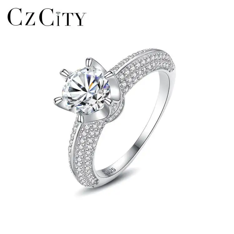 CZCITY Bling 1 karat pırlanta fiyat gümüş 925 kadın taç prenses S925 Moissanite aşk yüzüğü