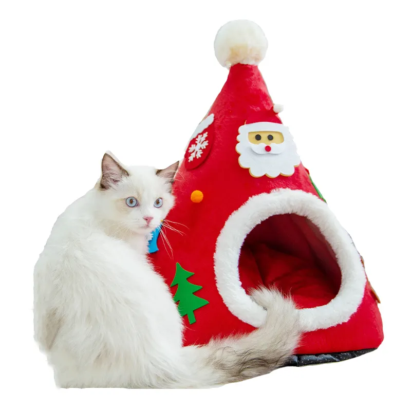 Warm Christmas Autumn Winter Hat Shaped Removable Washable Semi Closed Pet Cat Bed House