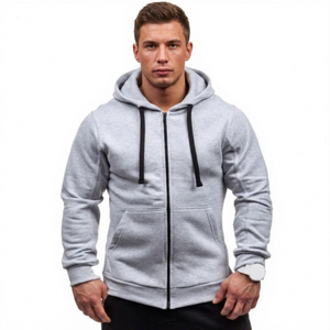 Men's Gray <b>Zip</b>-<b>Up</b> Hoodie Regular Fit Fleece Cotton Casual Hooded Sweatshirt Autumn Wear - Product Image 1