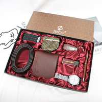 Coffret Cadeau d'Affaires de Luxe pour Homme Nouveau-né avec Portefeuille, Ceinture, Cravate, Porte-clés, Montre, Briquet, Parfum et Stylo - Modèle Keyjoy