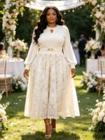 Robe de soirée élégante plissée en dentelle Miyaki, grande taille, couleur unie, simple, à manches longues, pour femmes, avec ceinture