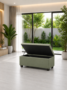 Pouf de rangement moderne en tissu vert avec dessus capitonné pour salon - Product Image 3