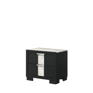 Comodino Contemporaneo Nero con Due Cassetti, Maniglie in Metallo, Bianco e Nero, Arredamento Camera da Letto in Legno - Product Image 1