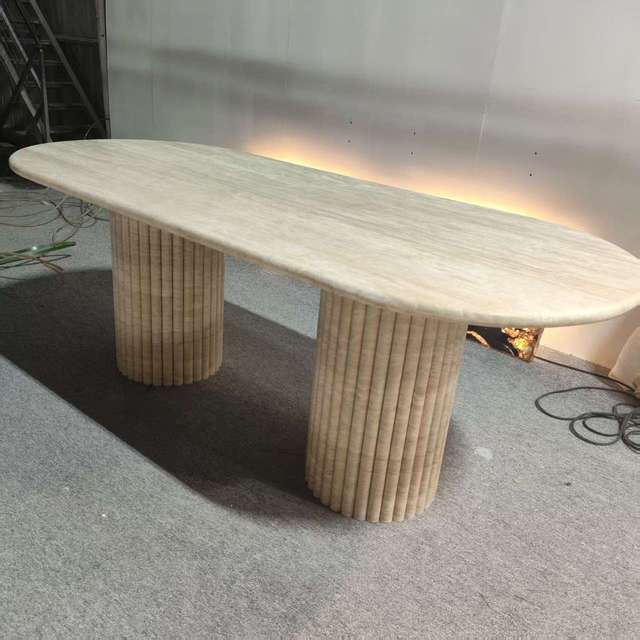 Modern Luxury Natural Oval Travertine Dining Table Set Modern Design Living Room Furniture  Marble Dining Table Set 8 Seater