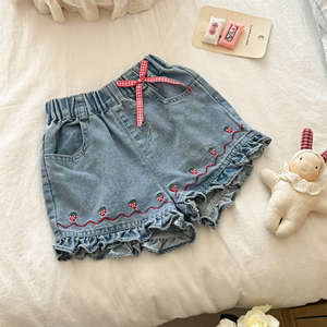 Girls Denim Shorts Strawberry Embroidery Ruffle Hem Summer Baby Bottoms A-<b>Line</b> Style - Product Image 2