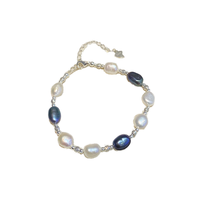 Bracelet de perles baroques en argent 925, perles d'eau douce naturelles blanches et noires mélangées 7-9 mm, fermoir mousqueton réglable, cadeau pour femme, vente en gros, personnalisable