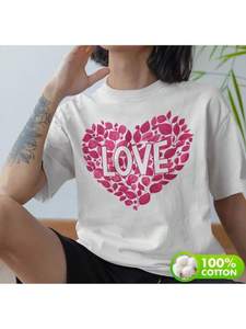 T-Shirt Unisex con Cuore Floreale, Manica Corta, Stampa in Cotone, Collo Tondo, Casual, Primavera Estate, San Valentino - Product Image 3