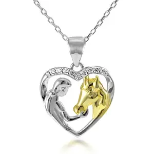 Horse Jewellery 925 Sterling Silver Girl With Horse Heart Necklace Pendant