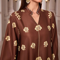 Robe longue élégante en polyester à imprimé floral, col montant orné de strass, style Abaya Kaftan Maxi pour femmes