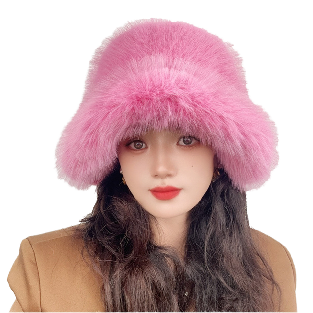 Sample Support Hot Sale Outdoor Ladies Girl Furry Fluffy Designer fox Cap Faux Fur Bucket Winter Hat for Women for Daily Use