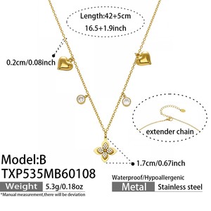 Ensemble de bijoux en acier inoxydable plaqué or PVD, comprenant des boucles d'oreilles, un bracelet, une bague et un collier avec fleur à quatre pétales en zircon tridimensionnelle - Product Image 5