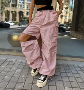 Detachable Zipper Straight Low Waist Drawstring Flared Loose Parachute Pants Girls Wide Leg Baggy Carpenter Pants