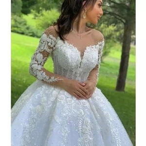Robe de mariée personnalisée illusion à manches longues, avec fleurs et dentelle, style <span class=keywords><strong>princesse</strong></span>, grandes tailles - Product Image 2
