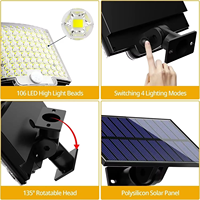 106 LED, lampes solaires de jardin, sans fil, étanches IP65, détecteur de mouvement, modes de sécurité, pour la route, le jardin et la décoration en plein soleil