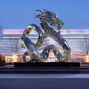 カスタムモダンメタル動物像屋外ガーデンパークの装飾ポリッシュミラーステンレス鋼ドラゴン彫刻
