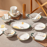 Service de vaisselle en céramique de style nordique de haute qualité, motifs de paysages, vaisselle en porcelaine, assiettes et bols en gros pour les restaurants