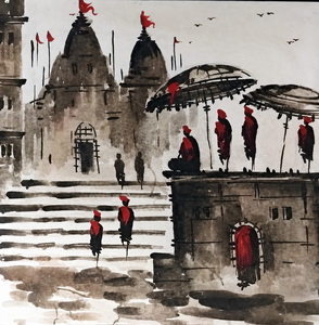 Banaras Ghat Hand-Painted Watercolor Landscape <b>Canvas</b> Art Classical Style Indoor Decor 100% Handmade No <b>Frame</b> - Product Image 3