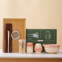Bol à matcha en céramique avec bec, style rétro de la dynastie Song, dégradé rose, logo personnalisé, ensemble de 7 pièces, boîte cadeau