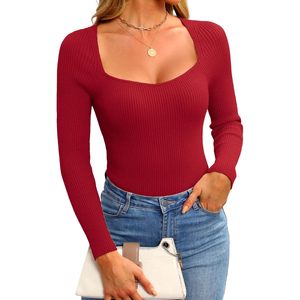 Comodo7 femmes automne mode côtelé à manches longues léger hauts en tricot mignon à la mode tenues à col carré - Product Image 4
