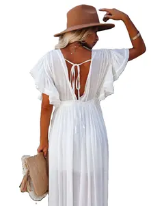 Quality Elegant Deep V Neck Slub Fabric Button Draw Waist Rope Long Skirt Sun Protection Shirt Beach Towel Dress Blouse