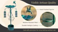 Station d'alimentation pour oiseaux à 4 voies en fer, avec bain pour oiseaux sur piétement, Bronze/Verdigris, Écologique, Résistant aux intempéries, Décoration de jardin, Jardinière suspendue pour oiseaux