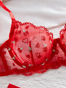 Conjunto de lencería de encaje con bordado de rosas y corazones, sujetador con aros y tanga de malla transparente, conjunto de ropa interior francesa transparente. - Product Image 5