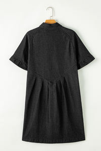 Shewin của phụ nữ màu đen diềm ngắn tay áo nút lên lỏng áo sơ mi denim - Product Image 5