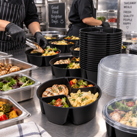 Barquette alimentaire jetable noire ronde à 4 compartiments, compatible micro-ondes, pour la préparation de repas et l'emballage de plats à emporter