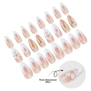 Uñas Postizas Francesas <span class=keywords><strong>de</strong></span> Lujo, Diseño Floral 3D en Relieve, Forma Almendrada, Longitud Media, 24 Piezas, Kit Completo con Pegamento y Herramientas - Product Image 3