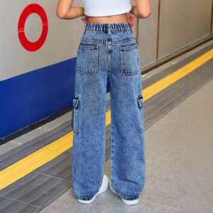 <span class=keywords><strong>Jeans</strong></span> Cargo a Vita Media per Ragazze, Blu Chiaro Lavato, Gamba Larga, con Grandi Tasche Laterali, Morbidi e Casual, Stile Streetwear, Vendita all'Ingrosso - Product Image 2