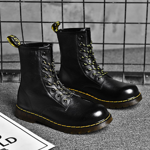 Bottes Martin pour femmes en cuir véritable, bout rond, talon plat, bottines à lacets, semelle en caoutchouc antidérapante, style décontracté - Product Image 1