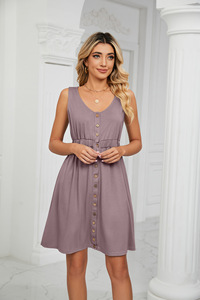 Hot Sale Fashion Low Price Buttons <strong>V</strong> <strong>Neck</strong> Summer Casual Custom Smock Vintage Boho <strong>Dress</strong> - Product Image 4