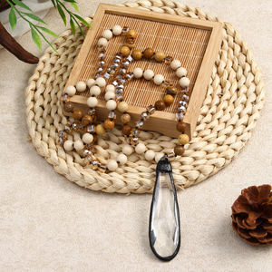 Женское ожерелье с натуральными камнями: пикоидный яшм, амазонит, африканская бирюза, длинный кулон-подвеска из хрустального стекла в форме капли - Product Image 2