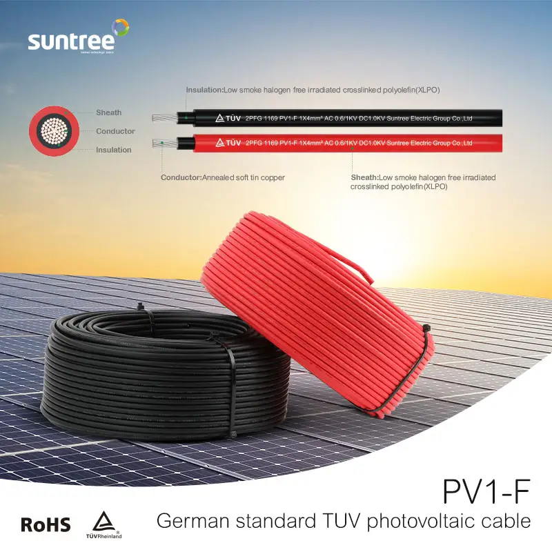 EN50618 Suntree PV TUV XLPO chaleur solaire fil d'alimentation cc photovoltaïque câble de batterie H1Z2Z2-K 6mm2 fournisseur 1000v fabricant