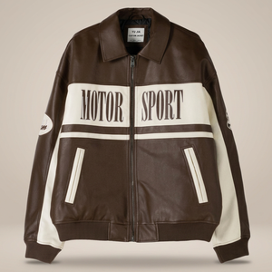 Blouson de moto pour homme MERITORIOUS INTERNATIONAL, broderie personnalisée, design bomber varsity élégant en cuir véritable - Product Image 1
