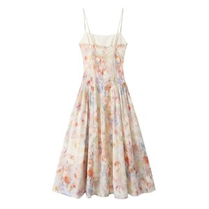 French Style Floral Print Halter Maxi Dress with Fitted Waist Pleated Skirt Chiffon A-Line Silhouette for Summer Vacation Wear - Product Image 2