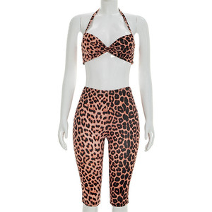 Sexy Leopard Print Two Piece Sets <strong>Women</strong> Halter Lace up Crop Top and Skinny <strong>Knee</strong> <strong>Shorts</strong> - Product Image 4
