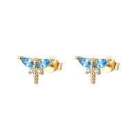 Boucles d'oreilles clous libellule en argent sterling 925, zircone bleue taille poire, plaqué or 14 carats, bijoux fins, vente en gros