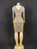 Robe de dîner à manches longues Robe formelle d'anniversaire en strass Robe courte de boîte de nuit Robe de soirée élégante pour femme Robes de soirée