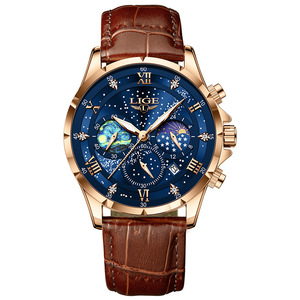 Reloj de Cuarzo Lige Analógico con Fase Lunar, Cronógrafo, Fecha Luminosa, Resistente al Agua 30M, Reloj de Pulsera de Cuero para Hombre - Product Image 4