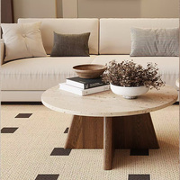 Table basse en travertin naturel avec base en bois massif, mobilier de salon moderne et luxueux, table centrale multifonctionnelle