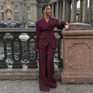 Ensemble tailleur femme bordeaux uni col en V pantalon long décontracté élégant pour l'automne – Style Europe, Amérique, Asie du Sud-Est - Product Image 1