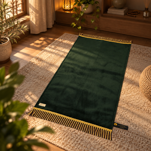 Green Rectangular <b>Prayer</b> <b>Mat</b> with Gold Fringe Non-Slip Foam Flat Weave <b>Muslim</b> Style Bedroom Use Washable Machine Made Low Pile - Product Image 3