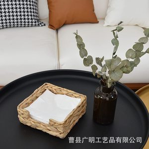 <b>Straw</b> Woven Storage <b>Basket</b> Square Handmade Tissue Box Desktop Organizer Linen Color - Product Image 2